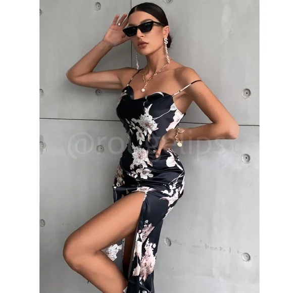 Floral Print Cowl Neckline Cami Satin Midi Dress Black  Leg Slit - Picture 3 of 8